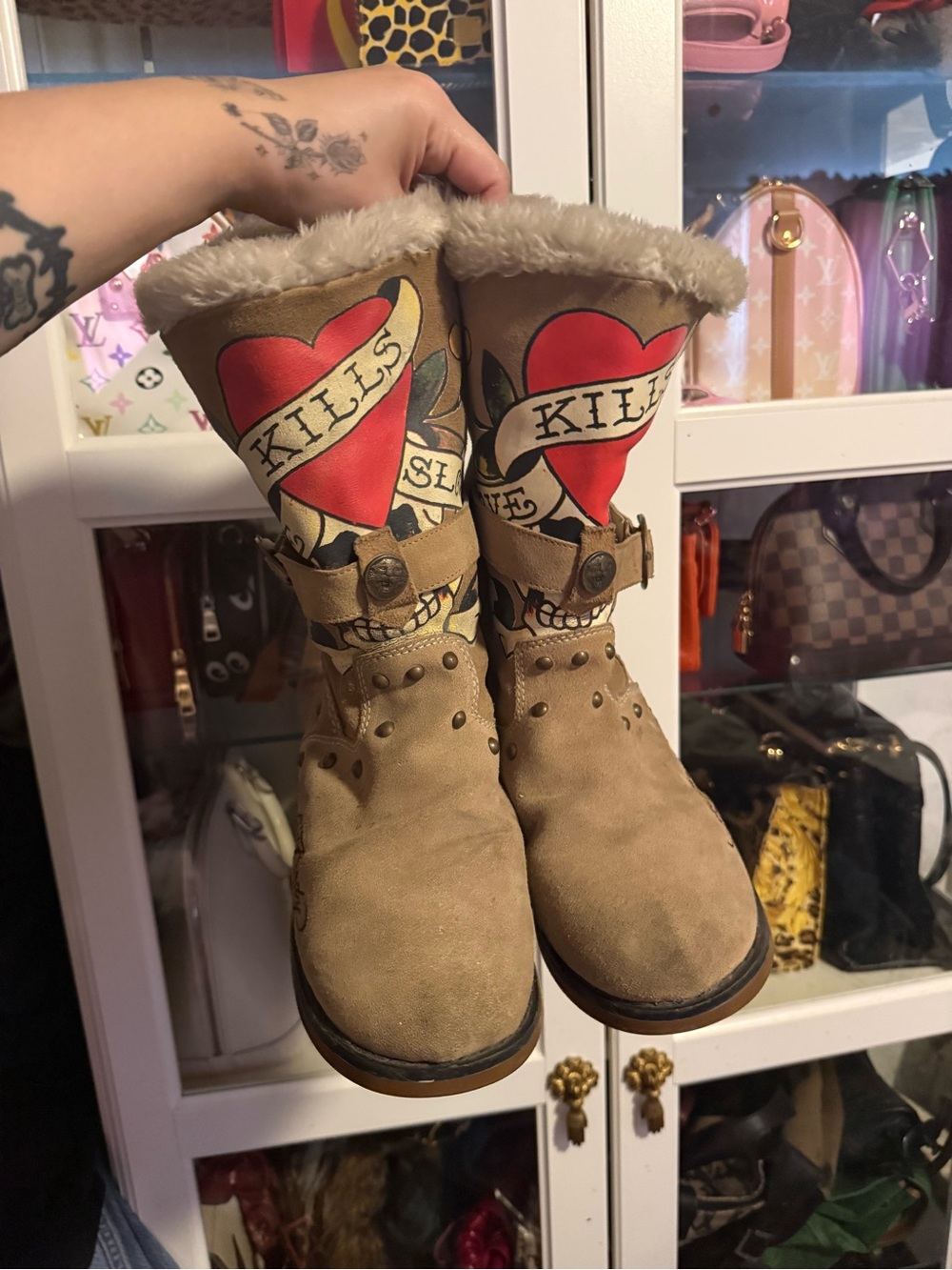 Vintage Ed hardy Tan Suede faux Fur-Trim Tattoo Boots